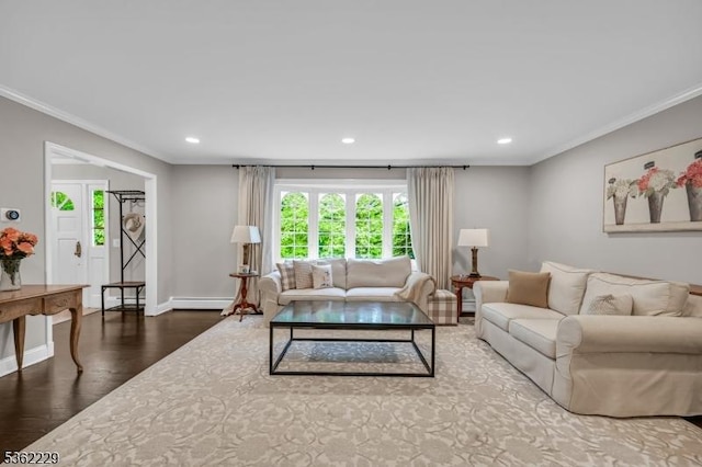 48 Kahdena Rd, Morris Twp, NJ 07960 - living room featuring wood finished floors, crown molding, recessed lighting, baseboards, and baseboard heating
