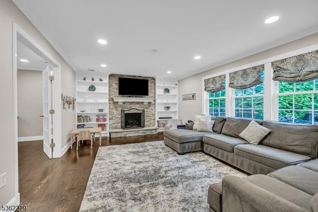 48 Kahdena Rd, Morris Twp, NJ 07960 - living area with baseboards, recessed lighting, dark wood-style flooring, a fireplace, and built in shelves