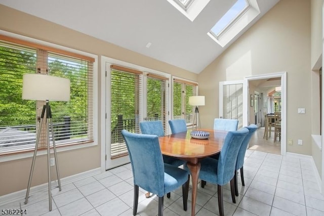 25 Hook Mountain Dr, Clinton Twp, NJ 08801 - dining area with plenty of natural light, a skylight, light tile patterned floors, high vaulted ceiling, and baseboards