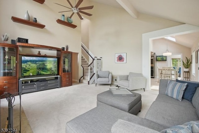 25 Hook Mountain Dr, Clinton Twp, NJ 08801 - living room with stairs, carpet flooring, ceiling fan, beam ceiling, and high vaulted ceiling