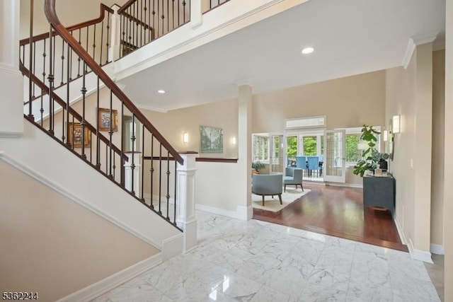 25 Hook Mountain Dr, Clinton Twp, NJ 08801 - foyer with baseboards, marble finish flooring, recessed lighting, stairway, and crown molding