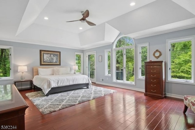 25 Hook Mountain Dr, Clinton Twp, NJ 08801 - bedroom featuring a raised ceiling, baseboards, dark wood-style floors, ceiling fan, and recessed lighting