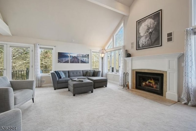 25 Hook Mountain Dr, Clinton Twp, NJ 08801 - living area featuring high vaulted ceiling, carpet, a warm lit fireplace, beam ceiling, and baseboards