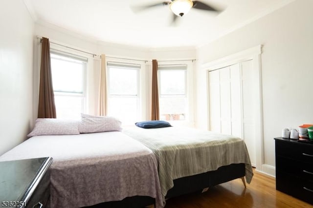513 Maple Ave, Elizabeth City, NJ 07202 - bedroom with multiple windows, crown molding, wood finished floors, a ceiling fan, and baseboards