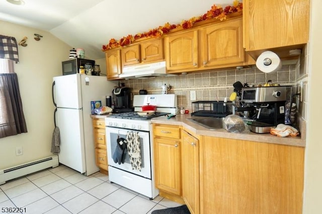 513 Maple Ave, Elizabeth City, NJ 07202 - kitchen featuring under cabinet range hood, white appliances, baseboard heating, light countertops, and decorative backsplash
