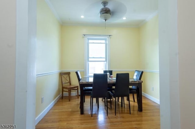 513 Maple Ave, Elizabeth City, NJ 07202 - dining area featuring crown molding, light wood-style flooring, baseboards, ceiling fan, and recessed lighting
