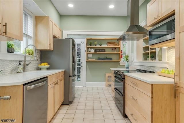 179 W Fairview Ave, South Orange Village Twp, NJ 07079 - kitchen featuring appliances with stainless steel finishes, light brown cabinetry, island exhaust hood, backsplash, and recessed lighting