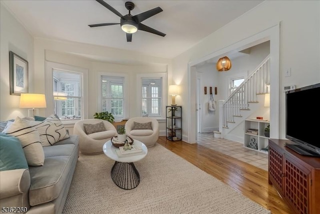 179 W Fairview Ave, South Orange Village Twp, NJ 07079 - living area with stairs, wood finished floors, and ceiling fan