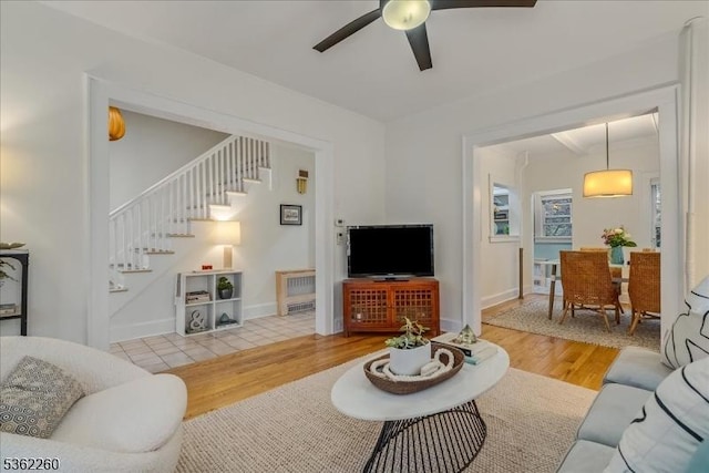 179 W Fairview Ave, South Orange Village Twp, NJ 07079 - living area with stairway, wood finished floors, and ceiling fan