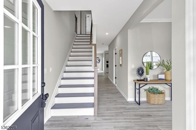 28 Kenmore Rd, Edison Twp, NJ 08817 - entryway with stairs, light wood-type flooring, baseboards, and recessed lighting