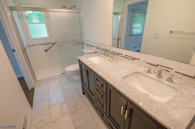 1666 Valley View Rd, Bridgewater Twp, NJ 08836 - bathroom with toilet, marble look tile flooring, a shower stall, and double vanity
