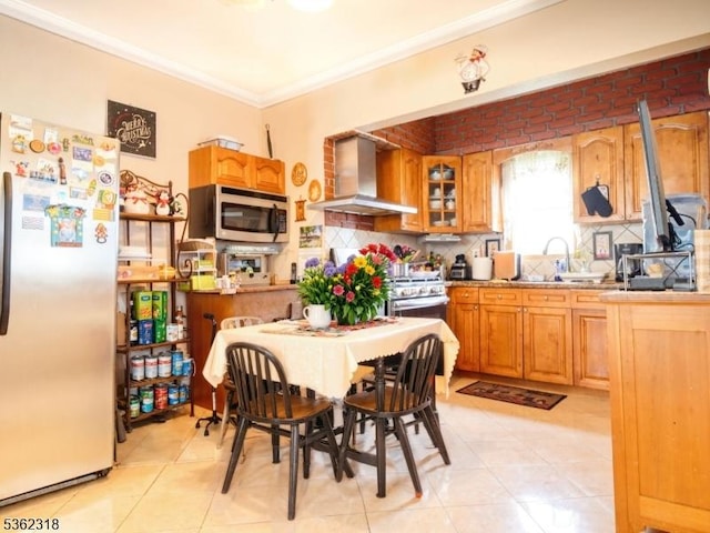 148 Hackensack St, Wood-Ridge Boro, NJ 07075 - kitchen featuring freestanding refrigerator, wall chimney range hood, stainless steel microwave, a sink, and tasteful backsplash