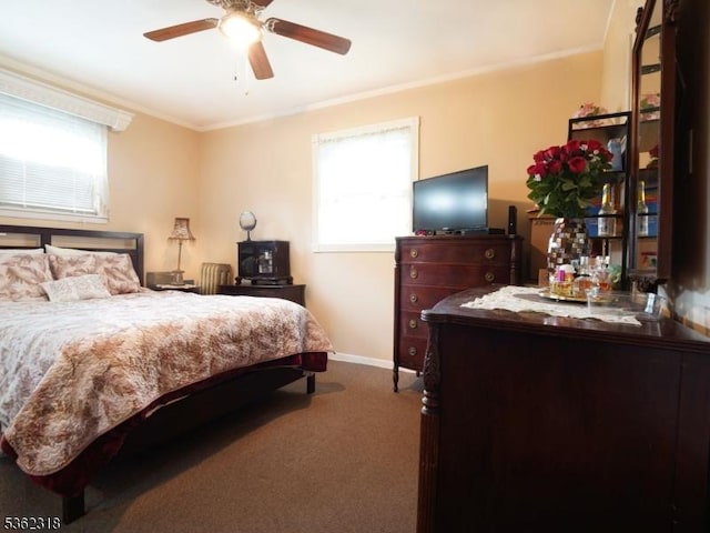 148 Hackensack St, Wood-Ridge Boro, NJ 07075 - carpeted bedroom featuring multiple windows, crown molding, baseboards, and a ceiling fan