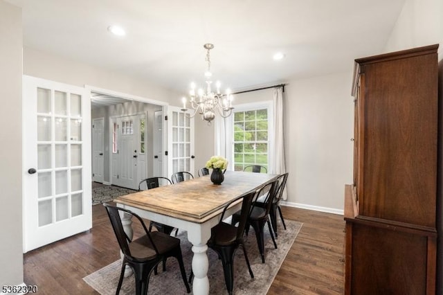41 Wilkinson Rd, Randolph Twp, NJ 07869 - dining area with a chandelier, dark wood-style floors, french doors, and recessed lighting