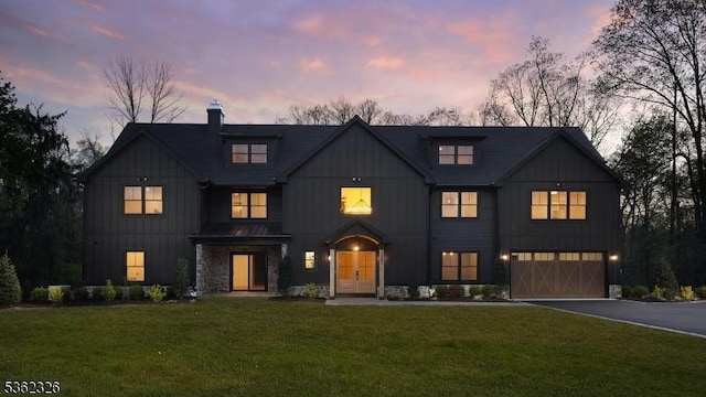 121 Culberson Rd, Bernards Twp, NJ 07920 - modern inspired farmhouse featuring a garage, a chimney, french doors, board and batten siding, and driveway