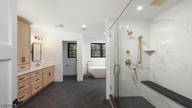 121 Culberson Rd, Bernards Twp, NJ 07920 - full bath with vanity, a marble finish shower, a freestanding tub, toilet, and recessed lighting