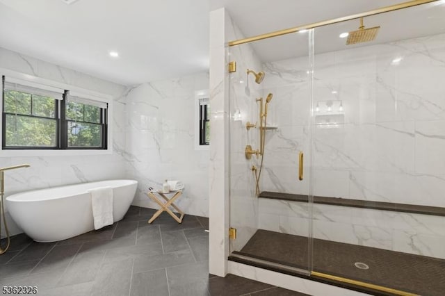 121 Culberson Rd, Bernards Twp, NJ 07920 - bathroom featuring a marble finish shower, a freestanding tub, recessed lighting, and tile walls