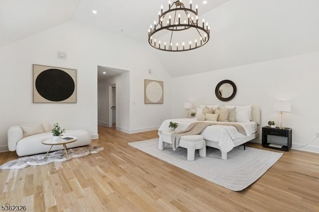 121 Culberson Rd, Bernards Twp, NJ 07920 - bedroom featuring high vaulted ceiling, light wood-style flooring, baseboards, and a chandelier