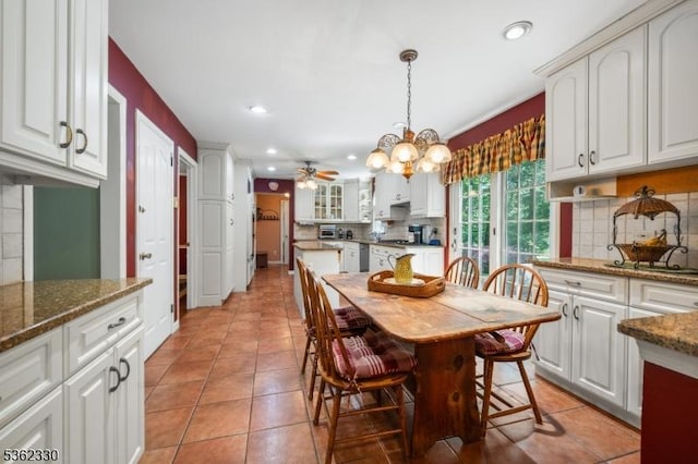 18 Wilderness Trl, Warren Twp, NJ 07059 - dining space featuring recessed lighting, a chandelier, light tile patterned floors, and ceiling fan