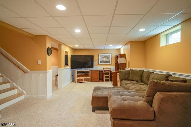 22 Hilltop Cir, Mendham Twp, NJ 07945 - living area with wainscoting, a drop ceiling, light colored carpet, recessed lighting, and stairway