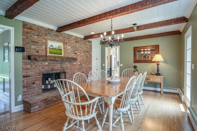22 Hilltop Cir, Mendham Twp, NJ 07945 - dining area featuring wood-type flooring, a fireplace, healthy amount of natural light, a baseboard heating unit, and a wooden ceiling with exposed beams