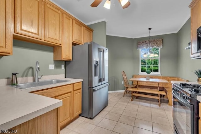 70 River Birch Cir, Montgomery Twp, NJ 08540 - kitchen featuring black gas range oven, stainless steel fridge with ice dispenser, crown molding, ceiling fan, and light countertops