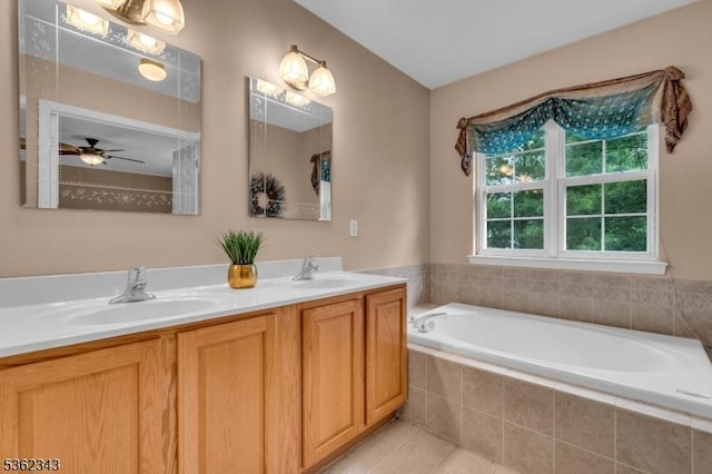 70 River Birch Cir, Montgomery Twp, NJ 08540 - bathroom with double vanity, a bath, tile patterned flooring, and a ceiling fan
