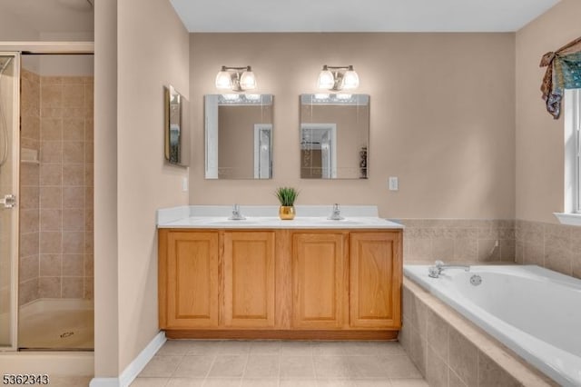 70 River Birch Cir, Montgomery Twp, NJ 08540 - full bath featuring a stall shower, a garden tub, double vanity, and tile patterned flooring