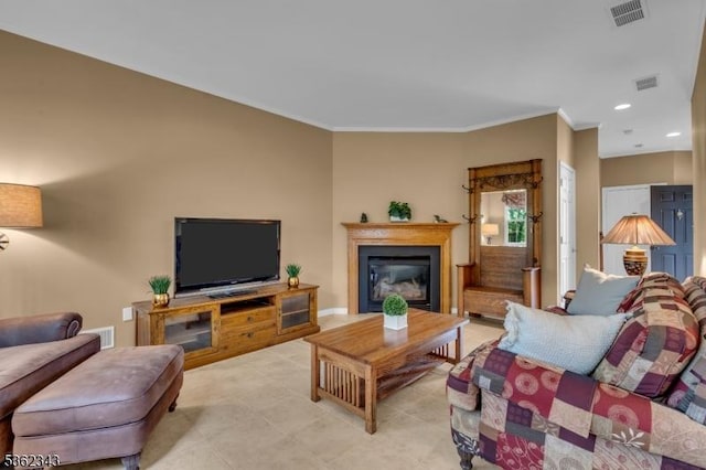 70 River Birch Cir, Montgomery Twp, NJ 08540 - living area featuring a glass covered fireplace, crown molding, recessed lighting, and light tile patterned floors