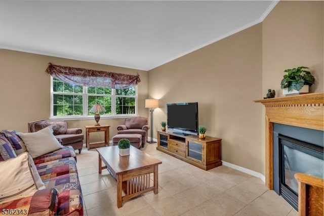 70 River Birch Cir, Montgomery Twp, NJ 08540 - living room with ornamental molding, a glass covered fireplace, and light tile patterned floors
