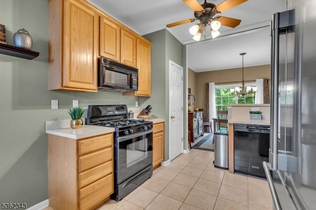 70 River Birch Cir, Montgomery Twp, NJ 08540 - kitchen with black appliances, light countertops, a ceiling fan, and a chandelier