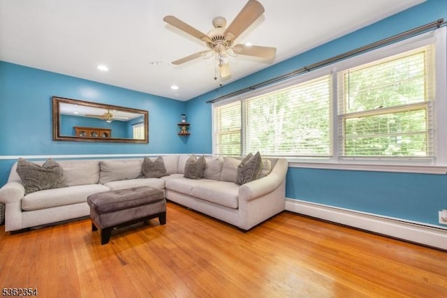 26 Park Ave, Hanover Twp, NJ 07960 - living room featuring baseboard heating, wood finished floors, ceiling fan, and recessed lighting