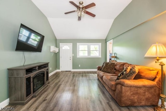 26 Park Ave, Hanover Twp, NJ 07960 - living area featuring ceiling fan, lofted ceiling, wood finished floors, and baseboards