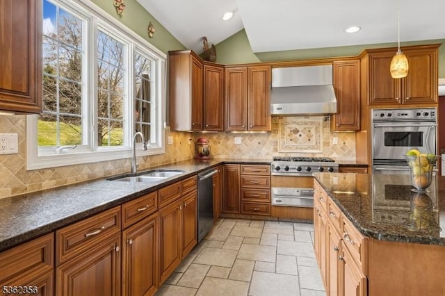 15 Middlesworth Farm Rd, Washington Twp, NJ 07853 - kitchen with wall chimney exhaust hood, a sink, stainless steel appliances, brown cabinets, and vaulted ceiling