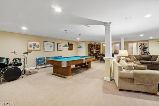 15 Middlesworth Farm Rd, Washington Twp, NJ 07853 - game room with ornate columns, pool table, light colored carpet, recessed lighting, and baseboards