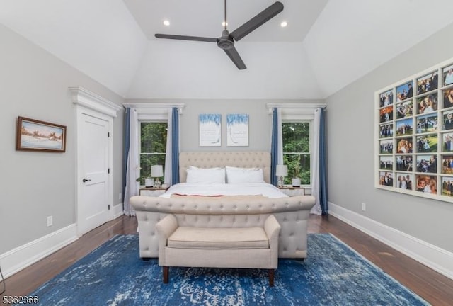 1417 Long Hill Rd, Long Hill Twp, NJ 07946 - bedroom featuring multiple windows, baseboards, wood finished floors, high vaulted ceiling, and recessed lighting