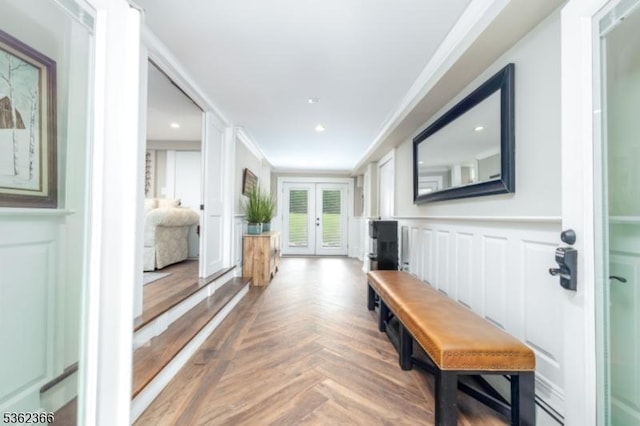 1417 Long Hill Rd, Long Hill Twp, NJ 07946 - hall featuring french doors, a decorative wall, a wainscoted wall, and recessed lighting