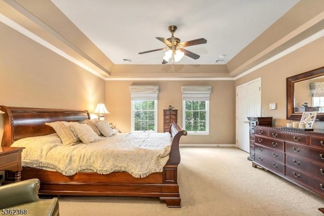 16 Olde York Rd, Randolph Twp, NJ 07869 - bedroom with light colored carpet, a raised ceiling, and a ceiling fan
