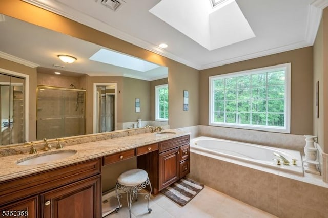 16 Olde York Rd, Randolph Twp, NJ 07869 - bathroom featuring a skylight, a stall shower, a garden tub, double vanity, and crown molding