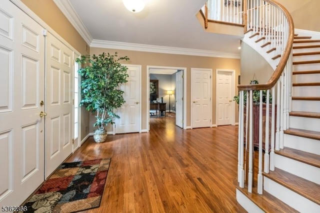 16 Olde York Rd, Randolph Twp, NJ 07869 - entryway with stairs, ornamental molding, and wood finished floors