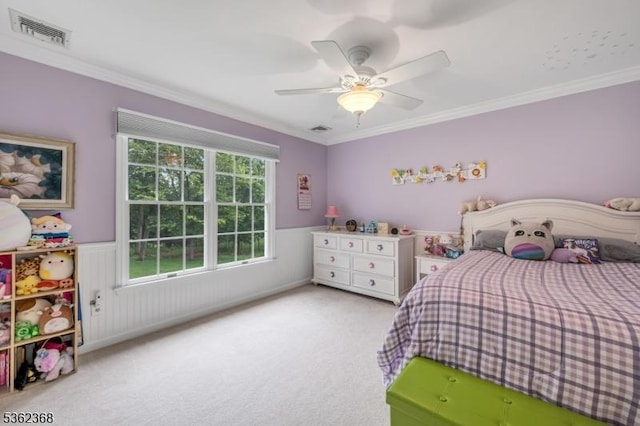 16 Olde York Rd, Randolph Twp, NJ 07869 - bedroom with light carpet, a wainscoted wall, crown molding, and a ceiling fan