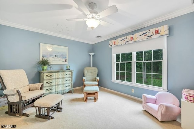 16 Olde York Rd, Randolph Twp, NJ 07869 - living area featuring ornamental molding, carpet flooring, and ceiling fan