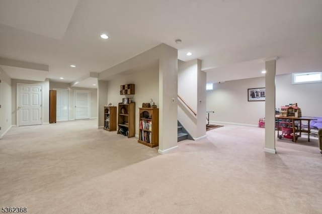 16 Olde York Rd, Randolph Twp, NJ 07869 - below grade area featuring light carpet, recessed lighting, and stairway
