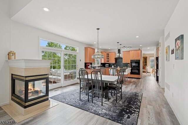 7 Cranberry Ct, North Haledon Boro, NJ 07508 - dining room with light wood finished floors, recessed lighting, a multi sided fireplace, and baseboards