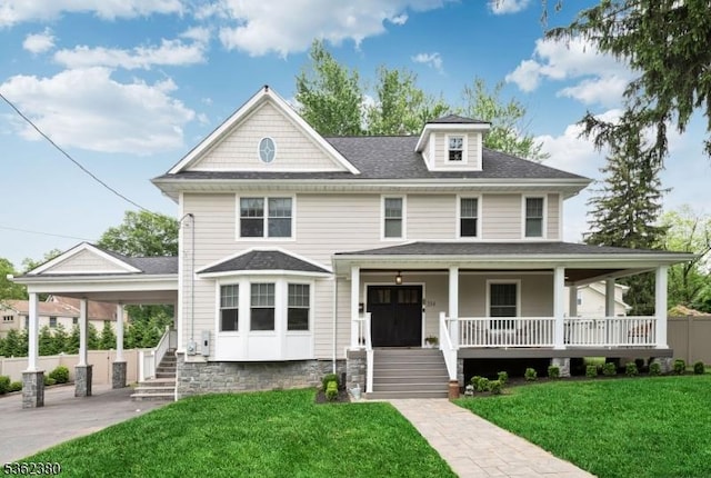 334 Durie Ave, Closter Boro, NJ 07624 - view of front of property featuring a porch, a front yard, roof with shingles, and stairway