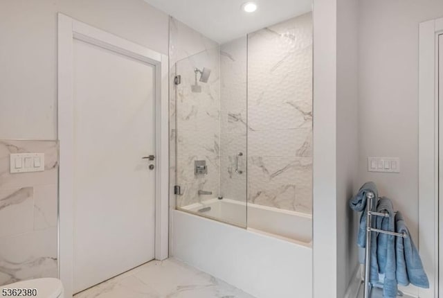 334 Durie Ave, Closter Boro, NJ 07624 - full bath featuring marble look tiles, combined bath / shower with glass door, toilet, and recessed lighting