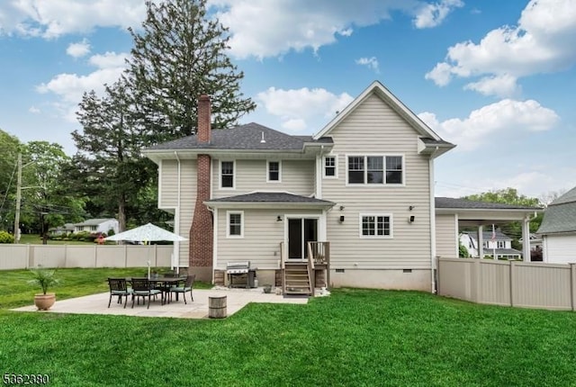 334 Durie Ave, Closter Boro, NJ 07624 - back of house with a chimney, a patio, and crawl space
