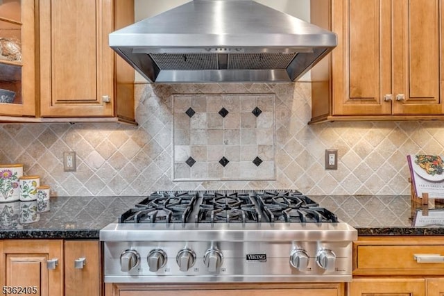61 Bradley Ln, Bridgewater Twp, NJ 08807 - kitchen with wall chimney exhaust hood, stainless steel gas cooktop, glass insert cabinets, decorative backsplash, and brown cabinetry
