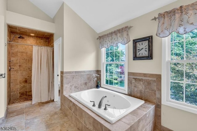 61 Bradley Ln, Bridgewater Twp, NJ 08807 - full bath with a tile shower, a garden tub, healthy amount of natural light, and vaulted ceiling