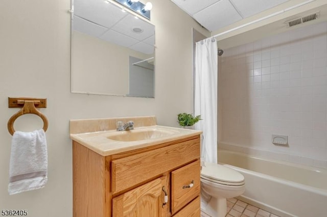 61 Bradley Ln, Bridgewater Twp, NJ 08807 - full bath featuring vanity, shower / bathtub combination with curtain, a paneled ceiling, and tile patterned floors